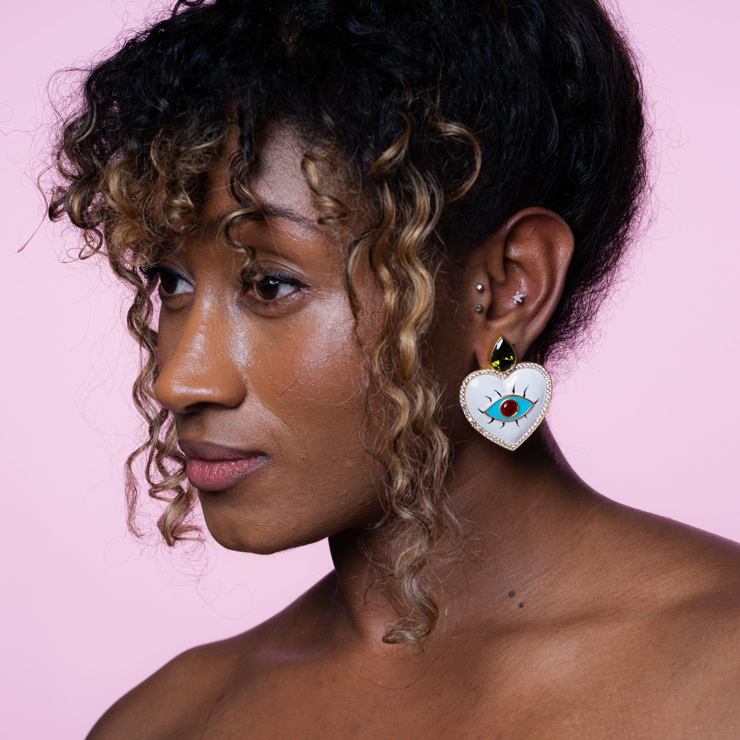 White heart shape love enamel zircon earrings