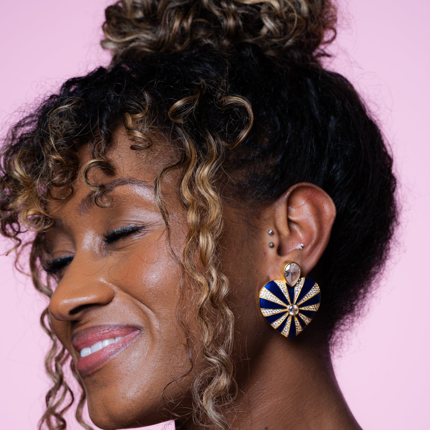 Blue heart shape enamel and zircon stone stud earrings