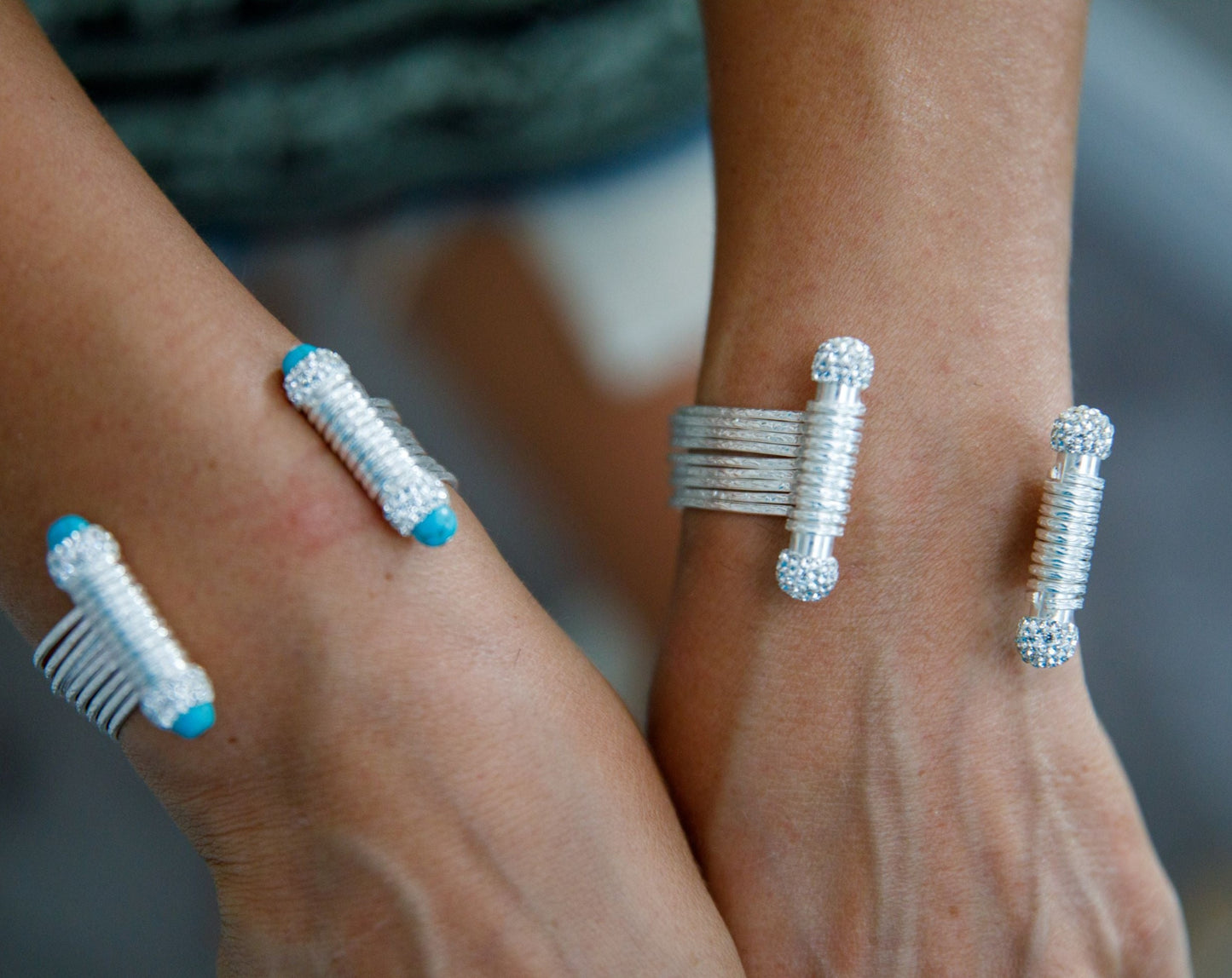 Wire with zircon and turquoise stones handmade cuff bracelet